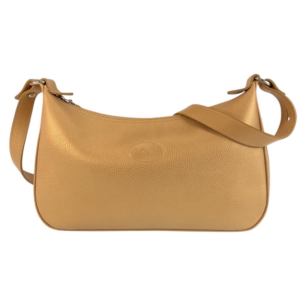 Longchamp beige leather shoulder bag/pouch with silver hardware for women.